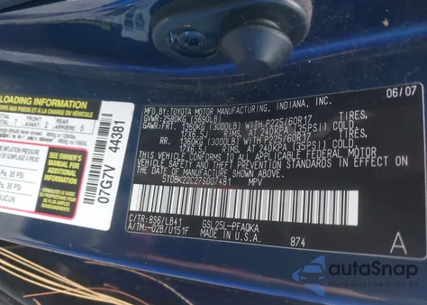 2007 Toyota Sienna Xle из США, поврежденный, VIN 5TDBK22C27S007481